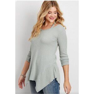 Maurices Waffle Knit Tunic Top Women Small Long Sleeve Hanky Hem Green Lagenlook